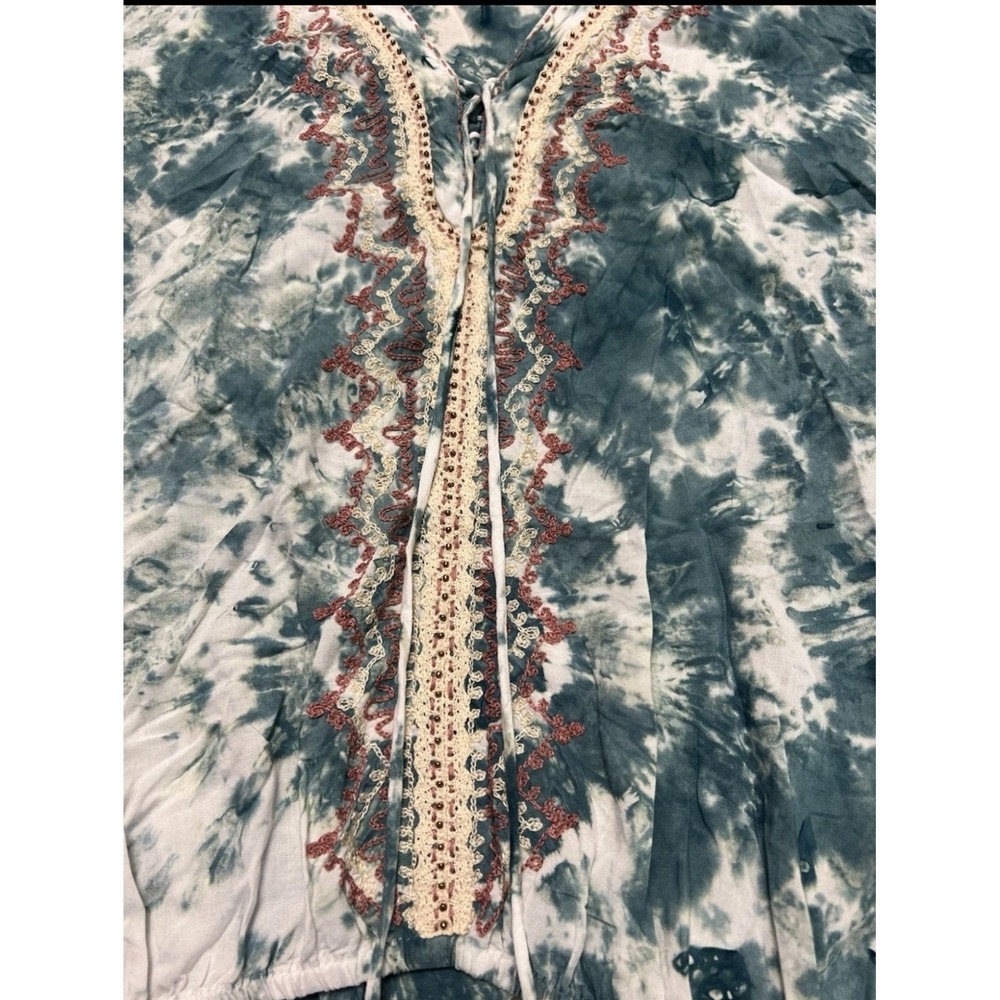 Skemo Blue Tie Dye Embroidered V-Neck Blouse Tassels Size M Boho Hippie Festival - Picture 7 of 11